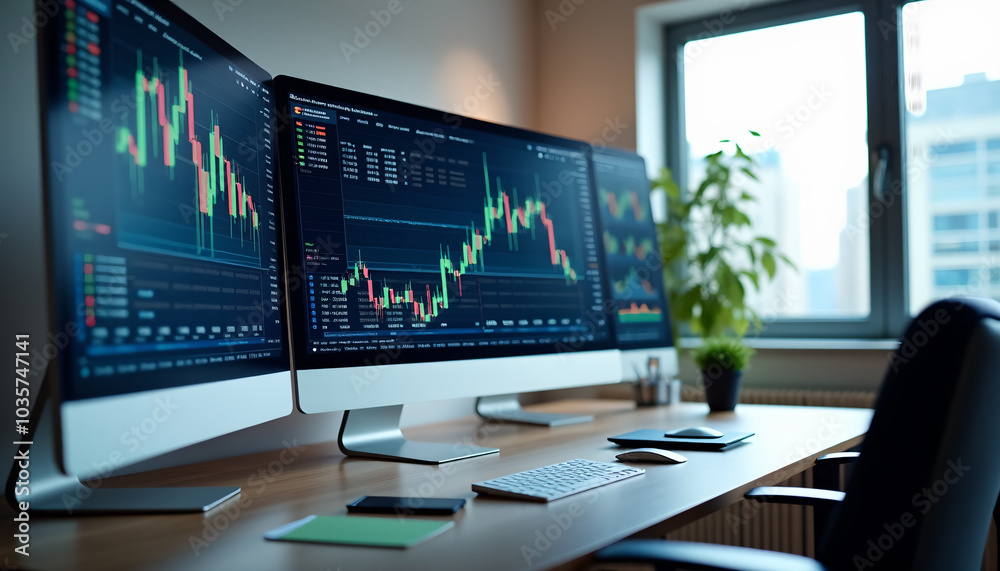Stock Market Trading Setup: Dual Monitors and Data Charts Stock Market Trading Setup: Dual Monitors and Data Charts