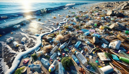 Plastic Waste and Debris Scattered Across a Pristine Beach, Highlighting the Contrast Between the Natural Beauty of the Ocean and the Environmental Damage Caused by Human Pollution