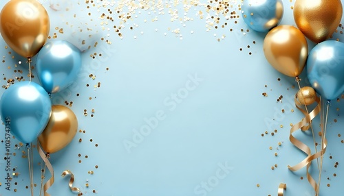 Blue and gold balloons with confetti on a light blue background.