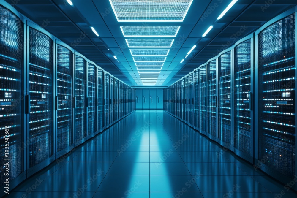 Futuristic Data Center: Rows of Servers in a Blue-Lit Server Room Futuristic Data Center: Rows of Servers in a Blue-Lit Server Room