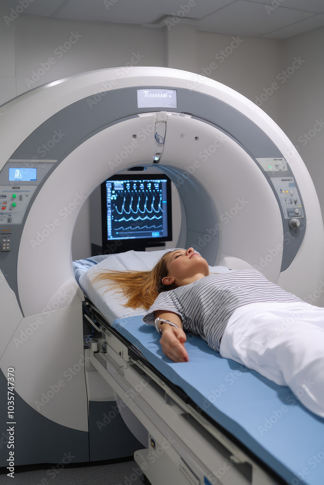 MRI procedure. Woman is lying down at CT scanner bed. Computerized diagnostics on modern medical equipment MRI procedure. Woman is lying down at CT scanner bed. Computerized diagnostics on modern medical equipment