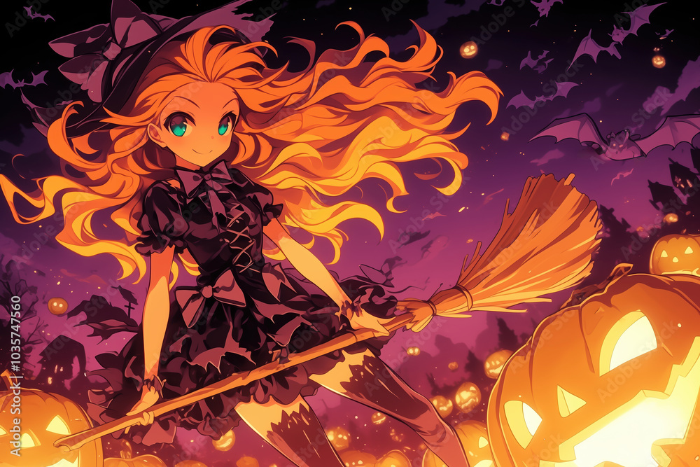 Obraz premium Halloween witch flying on a broomstick with pumpkins and bats anime style illustration. 