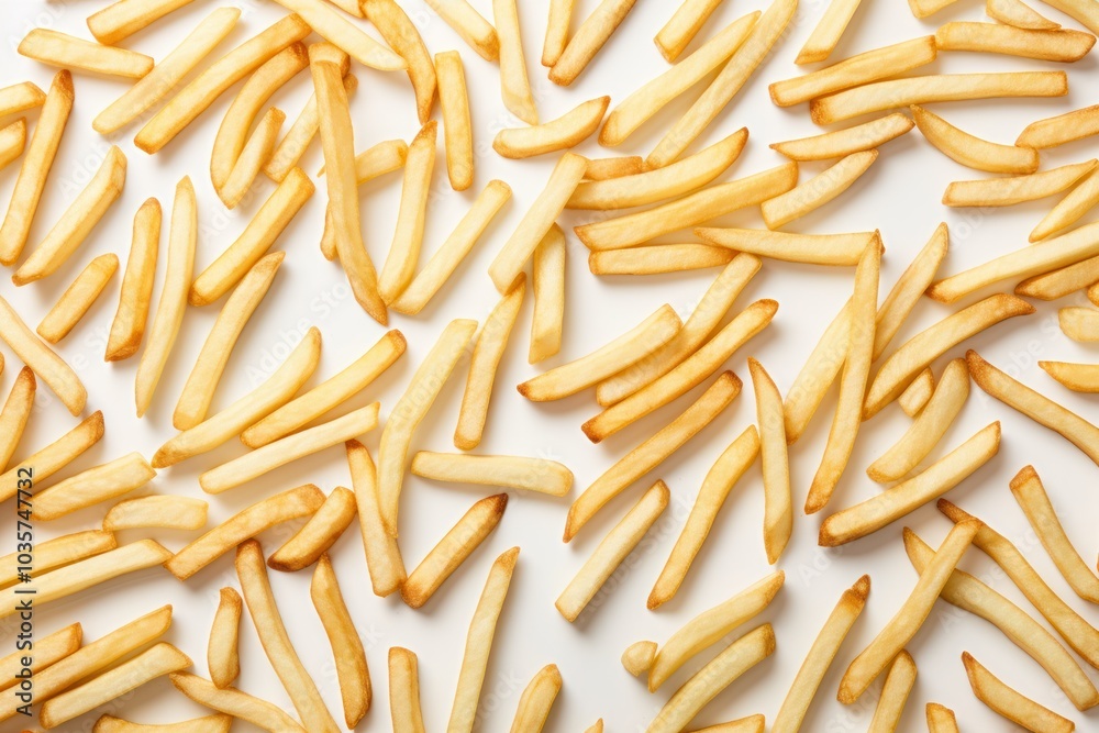 Crispy French fries scattered across a plain white surface, showcasing their textured surfaces Crispy French fries scattered across a plain white surface, showcasing their textured surfaces