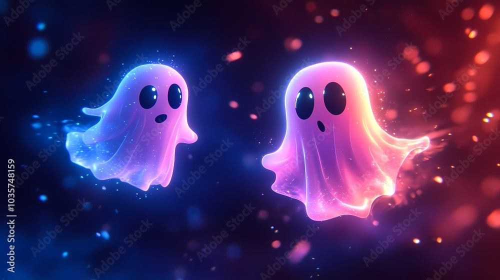 Naklejka premium Two colorful, cartoonish ghosts floating in a mystical atmosphere.