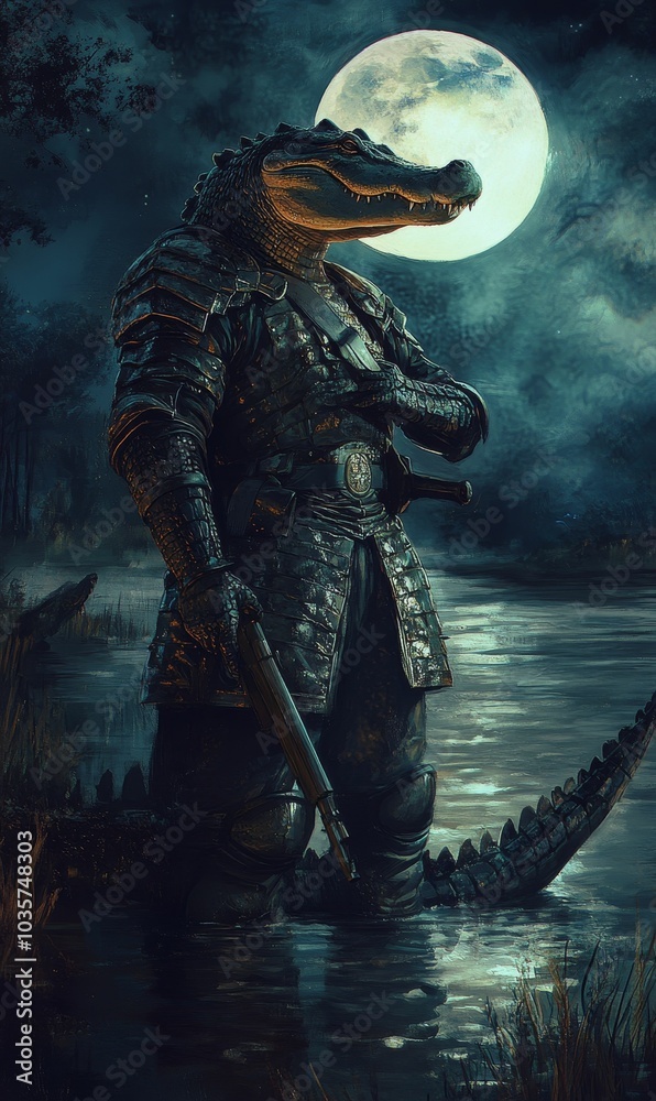 Fototapeta premium Armored alligator warrior stands in swamp.