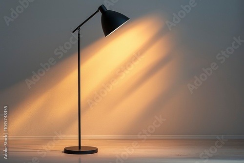 Black Floor Lamp Illuminating a Room with Warm Light photo