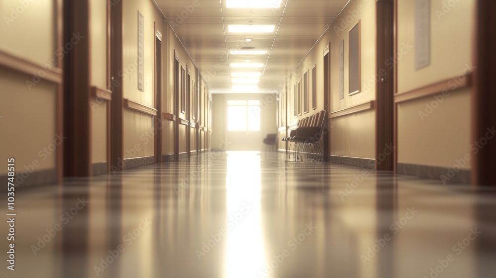 Obraz premium Empty Hospital Corridor with Waiting Chairs, Medical Facility, Healthcare Interior, Generated AI