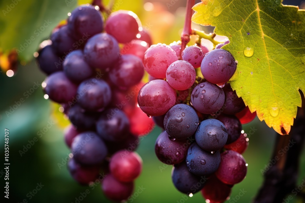 Macro shot of dew-covered Muscat grapes on the vine, capturing the rich colors and textures of the fruit, with a blurred background of green leaves