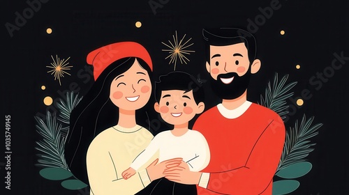 Happy New Year 2025, family embracing with love, joyful celebration, flat design illustration photo