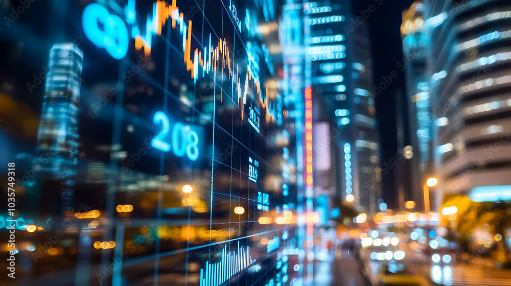 Naklejka premium vibrant city skyline at night showcases financial symbols and stock market data, reflecting dynamic energy of urban life and commerce