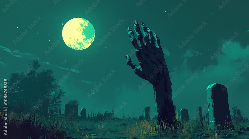 Obraz premium A ghostly hand emerges from a misty graveyard under a luminous moon.