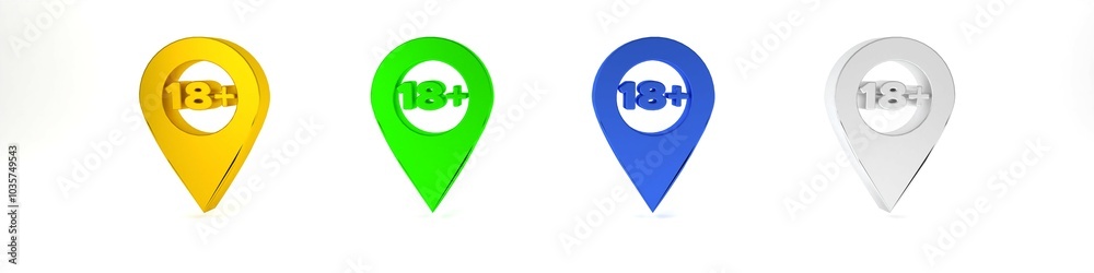 Colorful Map pointer with 18 plus icon isolated on white background. Age restriction symbol. 18 plus content sign. Adults content only icon. Minimalism concept. 3D render illustration Colorful Map pointer with 18 plus icon isolated on white background. Age restriction symbol. 18 plus content sign. Adults content only icon. Minimalism concept. 3D render illustration