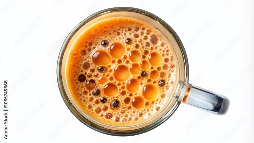 Isolated Thai Milk Tea in Clear Mug - Top View Photography for Beverage Lovers Isolated Thai Milk Tea in Clear Mug - Top View Photography for Beverage Lovers