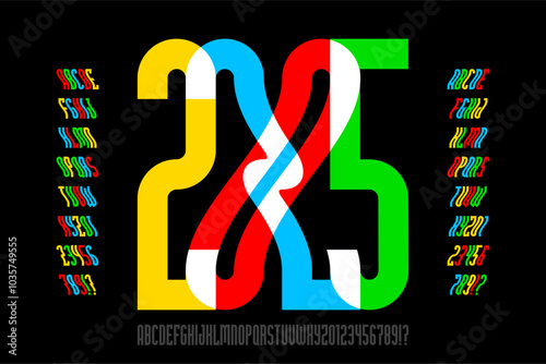 2025. Changing letters. Modern condensed style font design with some alternate letters and numbers, vector illustration