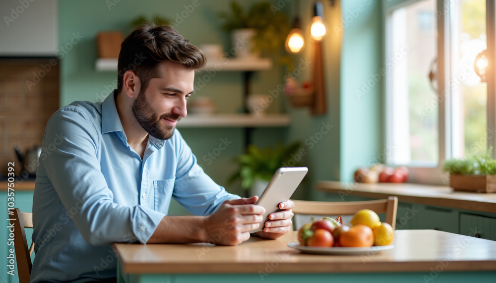 Man Using Tablet in Kitchen: Online Browsing or Entertainment Man Using Tablet in Kitchen: Online Browsing or Entertainment