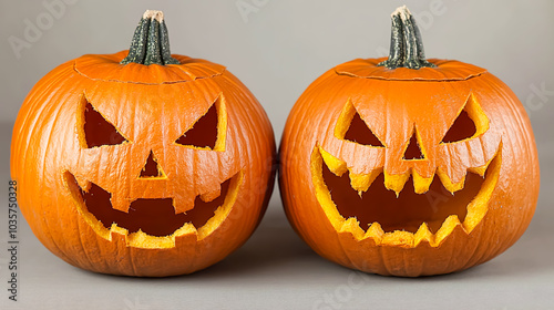 Halloween pumpkins with carved faces on grey background, closeup photo