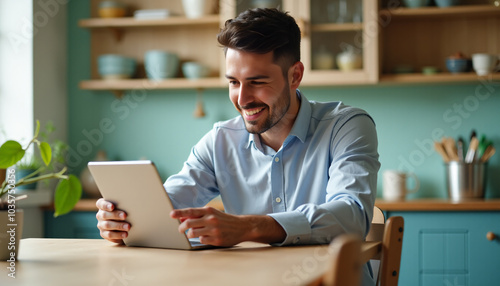 Man Smiling at Tablet in Kitchen: Online Entertainment and Connection