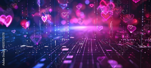 Futuristic Valentine's Day Background with Neon Hearts and Digital Grid for Design Use