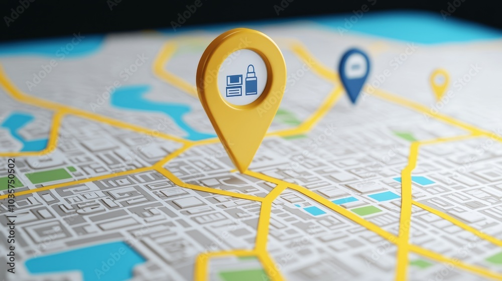 A detailed map featuring location pins, indicating various points of interest in a vibrant urban landscape. A detailed map featuring location pins, indicating various points of interest in a vibrant urban landscape.