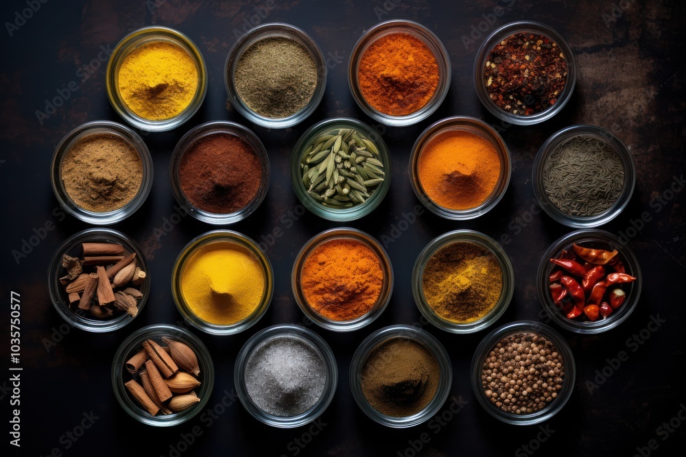 Assorted spices spilling out from burlap sacks onto a textured black background, creating a rustic feel Assorted spices spilling out from burlap sacks onto a textured black background, creating a rustic feel