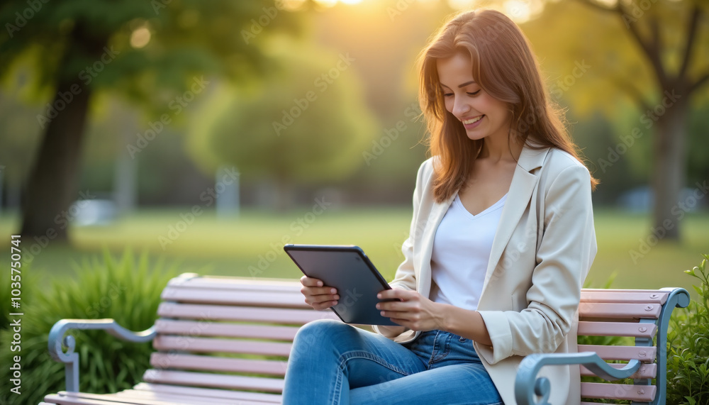 Woman Using Tablet in Park: Outdoor Relaxation and Technology Woman Using Tablet in Park: Outdoor Relaxation and Technology