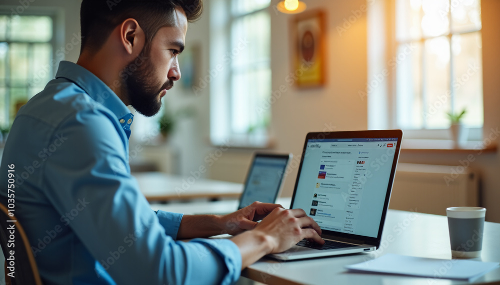 Man Working on Laptop: Focused Productivity in Home Office Man Working on Laptop: Focused Productivity in Home Office