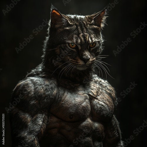 Muscular anthropomorphic cat with powerful physique 