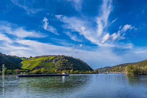 An inland vessel on the Rhine near Braubach/Germany under a blue sky in autumn
 photo