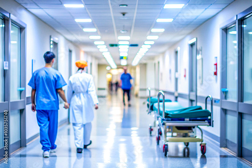 Modern hospital with blurred background, clean and bright environment