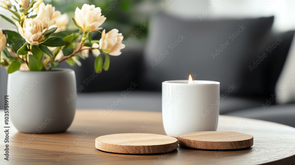 A serene living space the beauty of a candle and fresh flowers in modern interior design A serene living space the beauty of a candle and fresh flowers in modern interior design