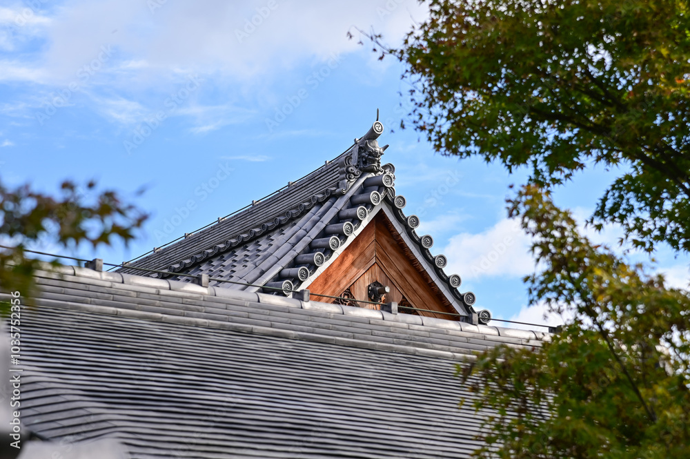 Close-up of the roof of Tenryuji Temple in Kyoto, Japan with trees. Roof tile pattern. Major tourist attraction in Kansai region in Japan. Japan famous historic architecture. Building structure. Close-up of the roof of Tenryuji Temple in Kyoto, Japan with trees. Roof tile pattern. Major tourist attraction in Kansai region in Japan. Japan famous historic architecture. Building structure.
