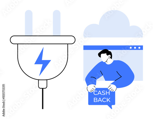 Power plug with a lightning bolt symbol and a person holding a cashback sign on right. Ideal for financial technology, e-commerce, electricity, cashback promotions, and tech innovation. Flat vector