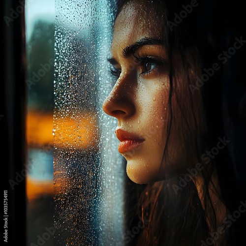 Pensive Woman Gazing Through Rainy Window Reflecting on Emotions and Solitude