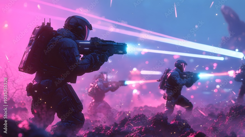Sci-fi battlefield with tactical squads destructible cover and holographic barriers