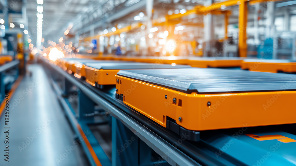 A close-up view of an automated conveyor system in a modern manufacturing facility, showcasing orange and gray machinery in action. A close-up view of an automated conveyor system in a modern manufacturing facility, showcasing orange and gray machinery in action.