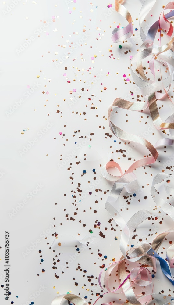Obraz premium Minimalist Abstract Birthday Background with Pastel Ribbons and Metallic Confetti for Modern Design