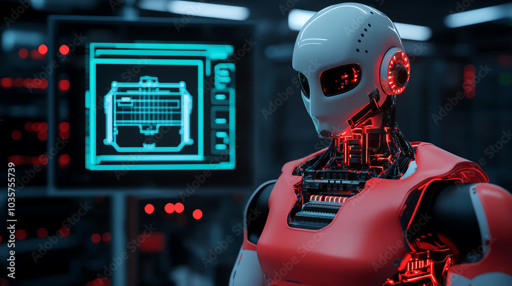 A futuristic humanoid robot stands in a high-tech environment, showcasing sleek design and advanced technology on a glowing control panel. A futuristic humanoid robot stands in a high-tech environment, showcasing sleek design and advanced technology on a glowing control panel.