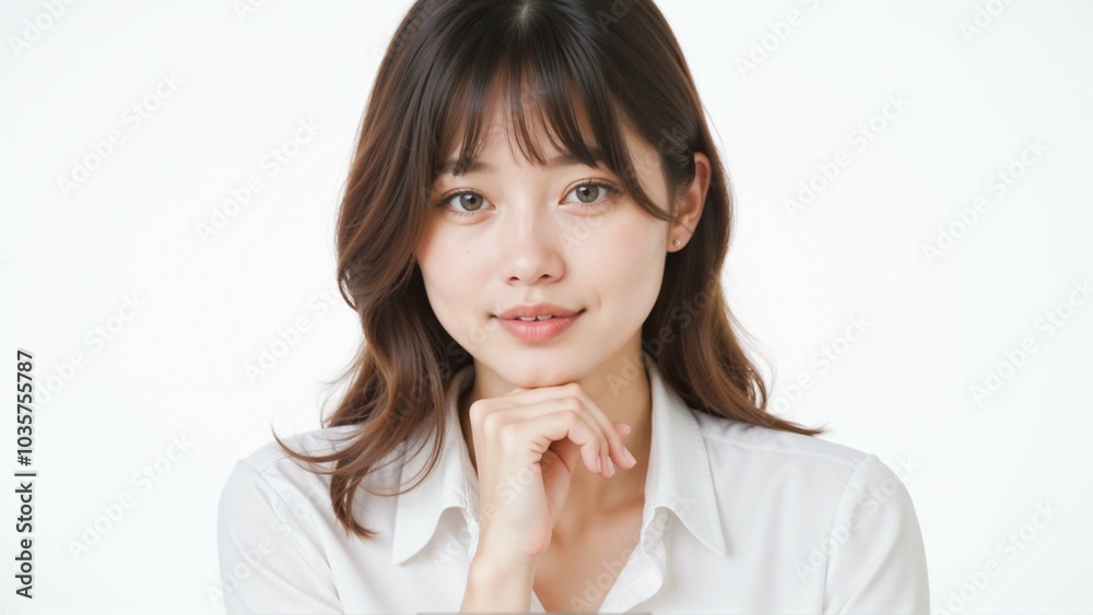 Close-up portrait of a young Asian woman with a thoughtful expression on a white background Close-up portrait of a young Asian woman with a thoughtful expression on a white background