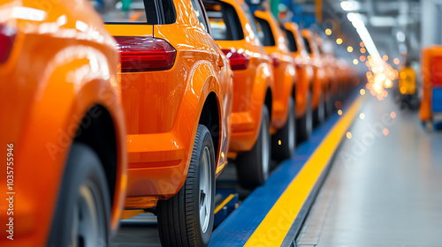 A line of bright orange vehicles on an assembly line, showcasing modern manufacturing processes in an automotive factory with a blurred background. photo