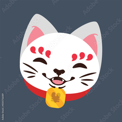 Smiling Maneki Neko head in flat vector design.