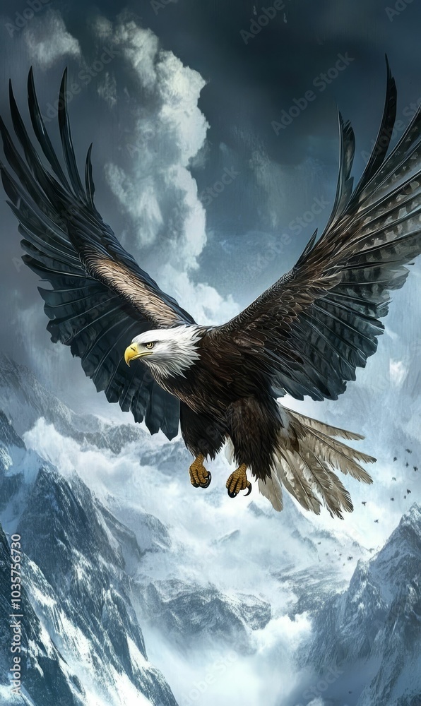 Obraz premium Bald eagle flying over snow-capped mountains.