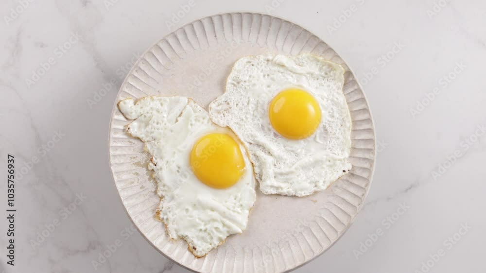 fried eggs breakfast on plate rotation top view food light surface fried eggs breakfast on plate rotation top view food light surface