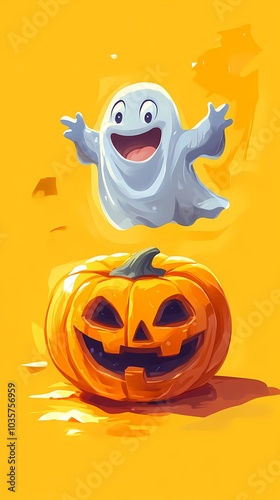 Cheerful cartoon ghost hovering above a smiling pumpkin on a vibrant yellow background.