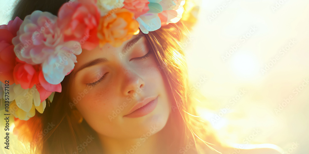 Serene woman with floral crown embracing natural light and tranquility Serene woman with floral crown embracing natural light and tranquility