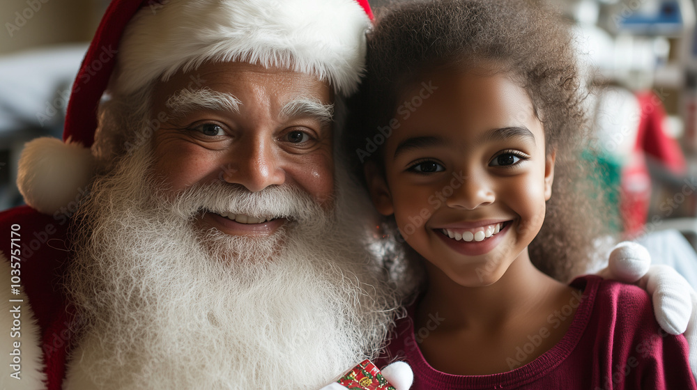 Smiling Child Poses with Santa Claus in a Hospital Setting Smiling Child Poses with Santa Claus in a Hospital Setting