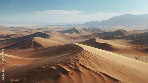 Fototapeta Naklejka Na Ścianę i Meble -  panoramic landscape view of sand dune desert with blue sky and natural light