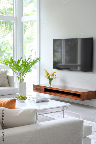 Modern living room design featuring a minimalist tv setup and lush greenery