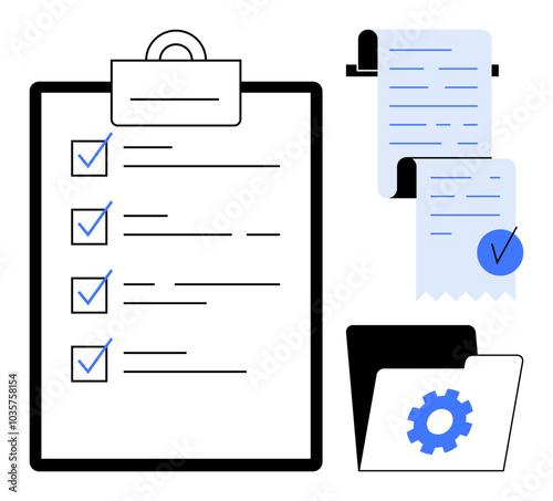 A checklist on a clipboard, two receipts with checkmarks, and a file folder with a gear symbol. Ideal for business efficiency, task management, organization, productivity tools, and office