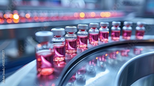Medical Vials Moving on a Conveyor Belt in a Pharmaceutical Factory, Illustrating the Sterile Environment and Efficient Production Process in the Healthcare Industry