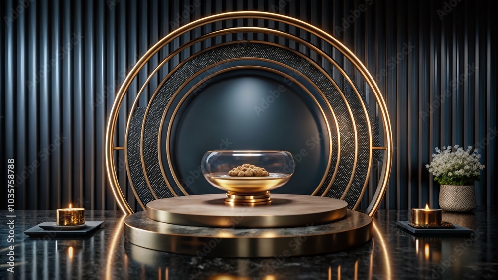 Luxurious 3D Gold Podium Mockup with Circle Glass Backdrop for Product Display in Showroom Luxurious 3D Gold Podium Mockup with Circle Glass Backdrop for Product Display in Showroom